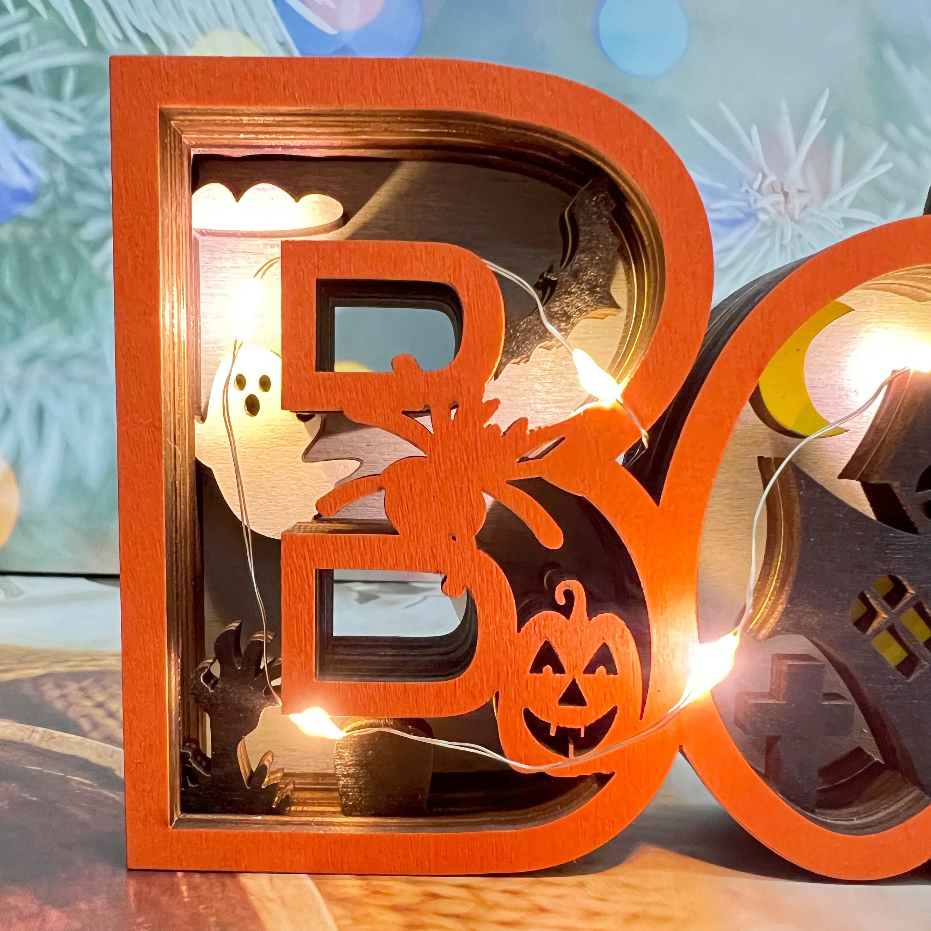 3D Carved Wooden Ghost BOO Sign