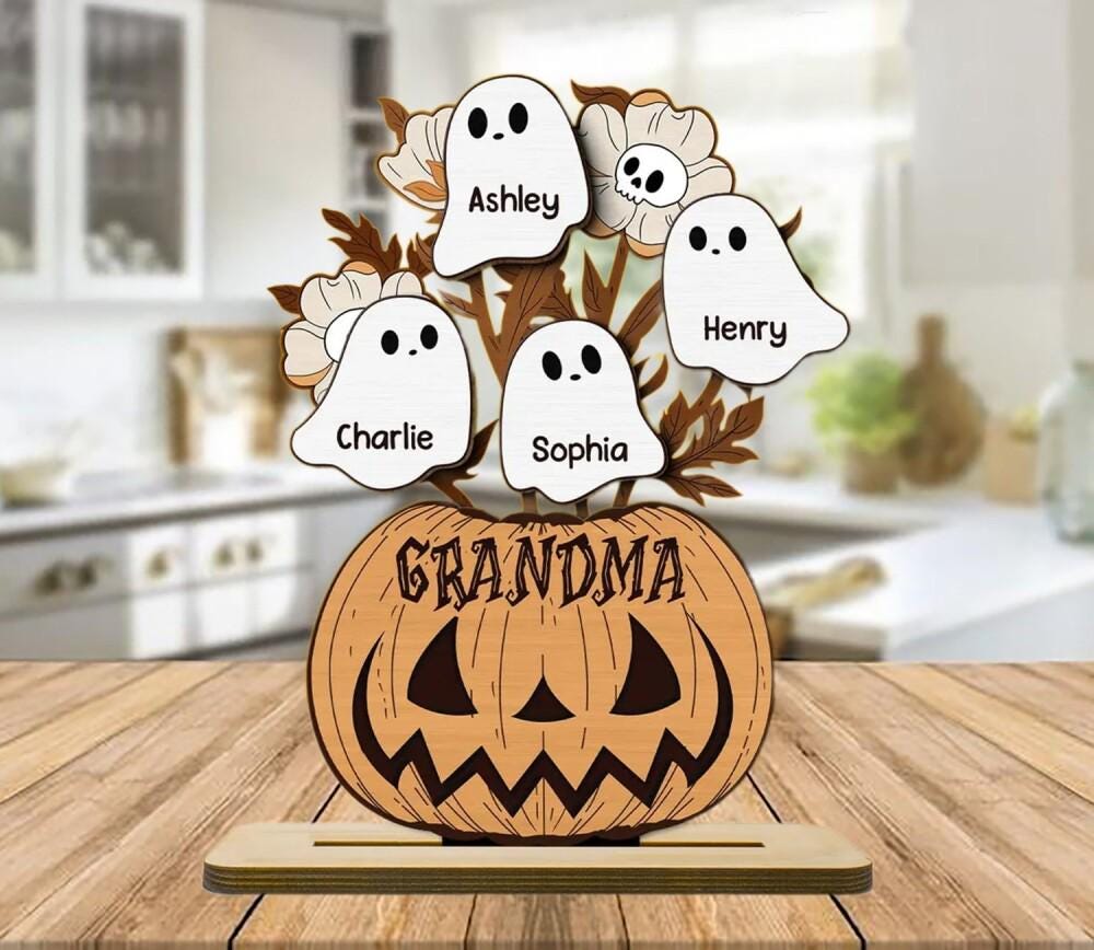 Grandma Pumpkin Halloween Ghost Kids Wooden Sign