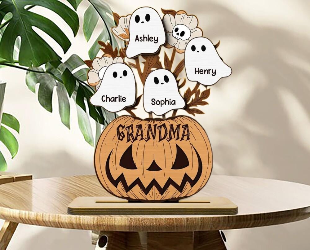 Grandma Pumpkin Halloween Ghost Kids Wooden Sign