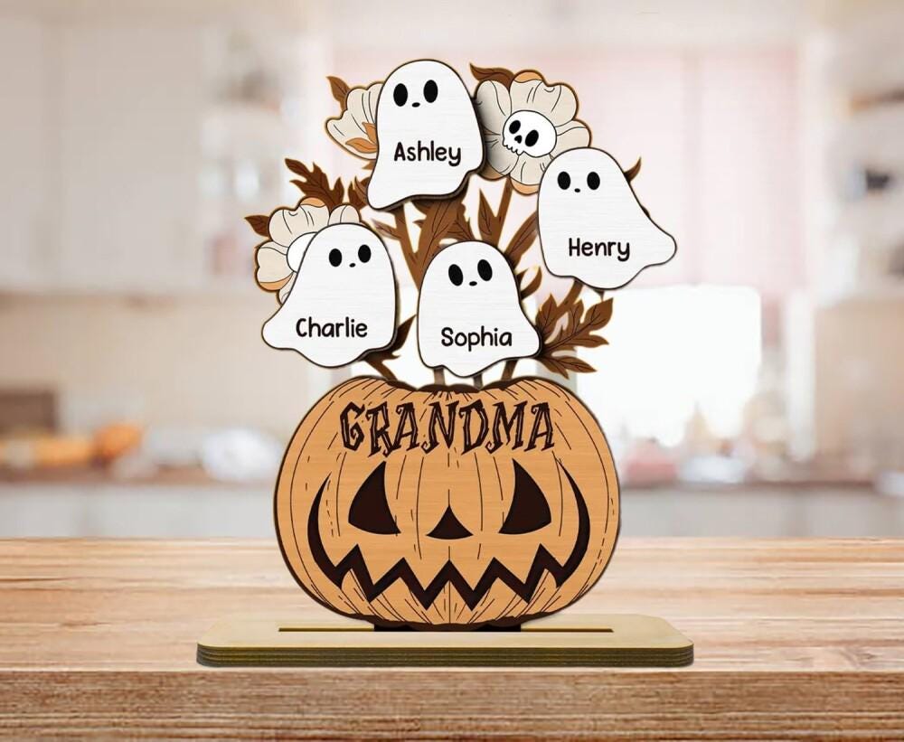 Grandma Pumpkin Halloween Ghost Kids Wooden Sign