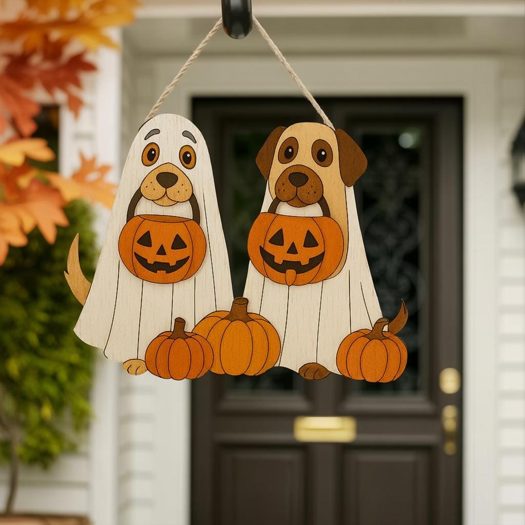 Halloween Ghost Welcome Sign - Ghost Puppy Door Hanger