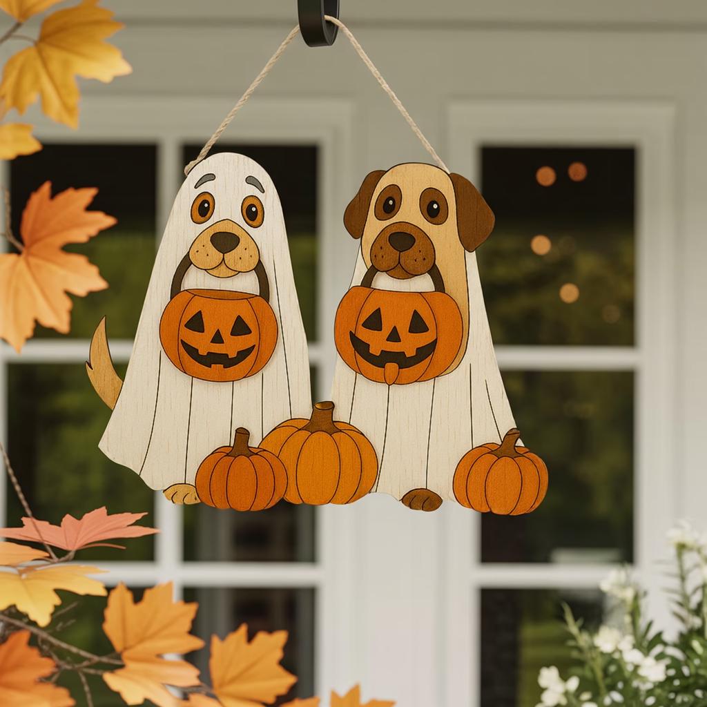 Halloween Ghost Welcome Sign - Ghost Puppy Door Hanger