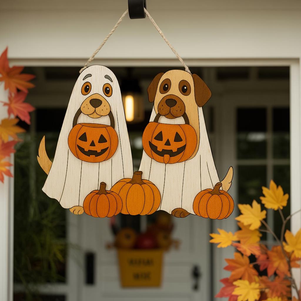 Halloween Ghost Welcome Sign - Ghost Puppy Door Hanger