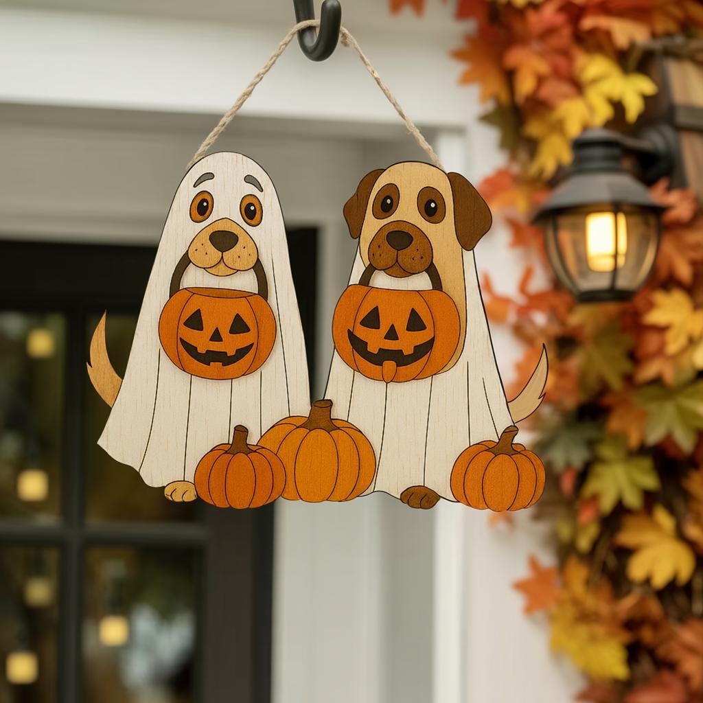 Halloween Ghost Welcome Sign - Ghost Puppy Door Hanger